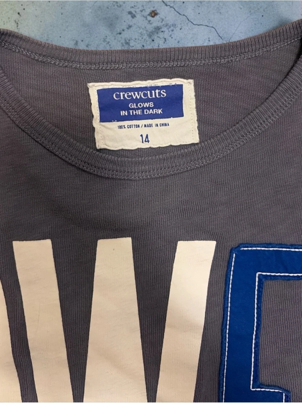 Crewcuts Slate Gray Sweatshirt with Cream & Blue Lettering and glow in the dark
